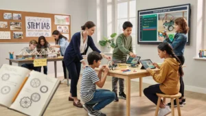 teacher guiding students in a STEM learning environment with hands-on technology activities.