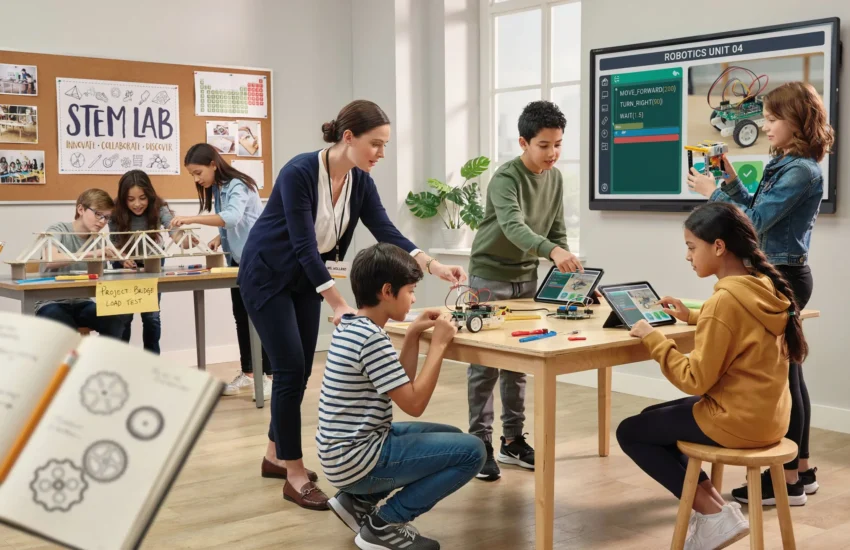 teacher guiding students in a STEM learning environment with hands-on technology activities.