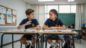 cbse students in uniform, sitting in a modern classroom, interacting and discussing.