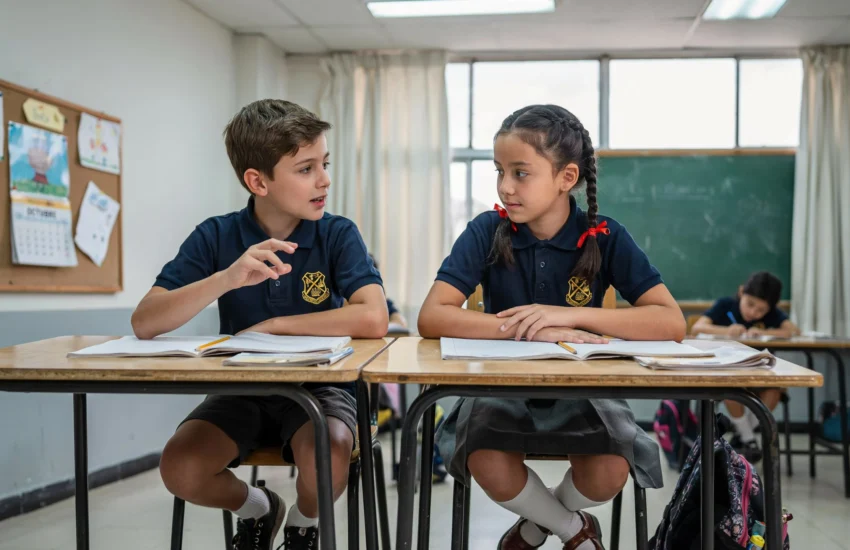cbse students in uniform, sitting in a modern classroom, interacting and discussing.